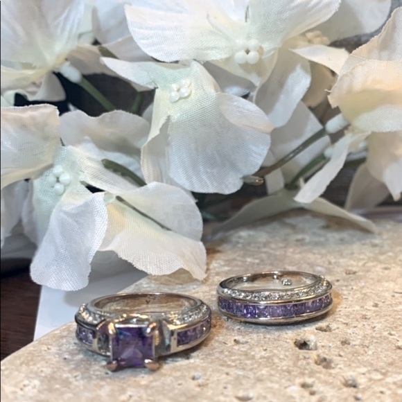925 Sterling Sliver 2pc Set (Size 7) Amethyst Rings - Picture 3 of 11